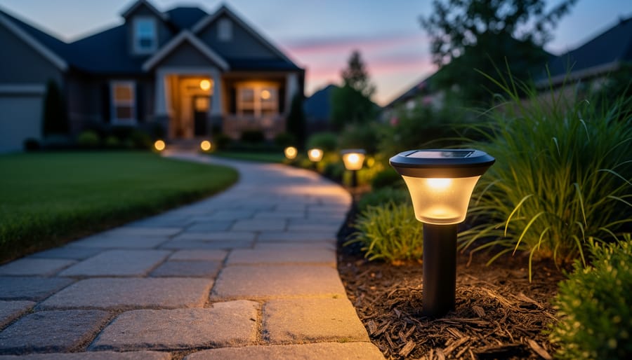 Pathway solar light with a photovoltaic panel glowing warm white at dusk along a garden walkway