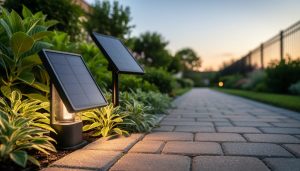 Solar-powered smart pathway light in a landscaped garden with a solar panel catching sunlight to provide outdoor illumination.