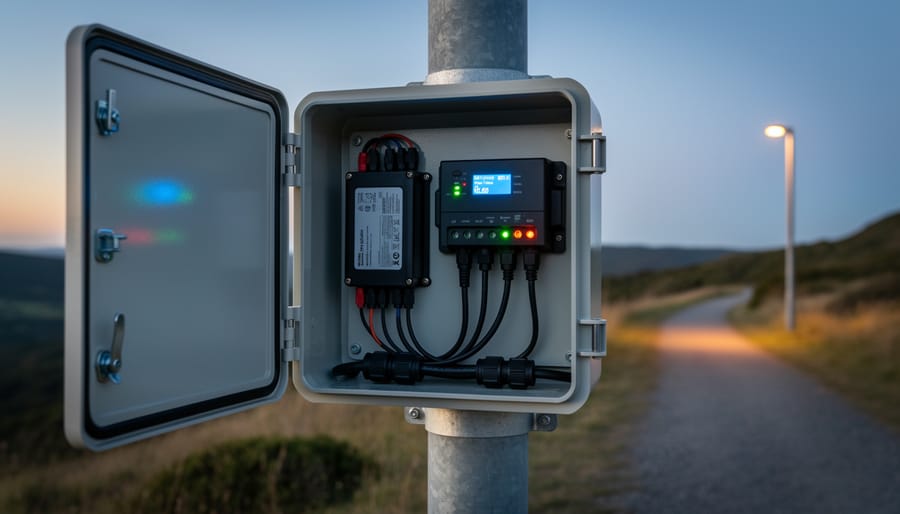 Close-up of weatherproof outdoor solar lighting enclosure showing battery storage and charge controller components
