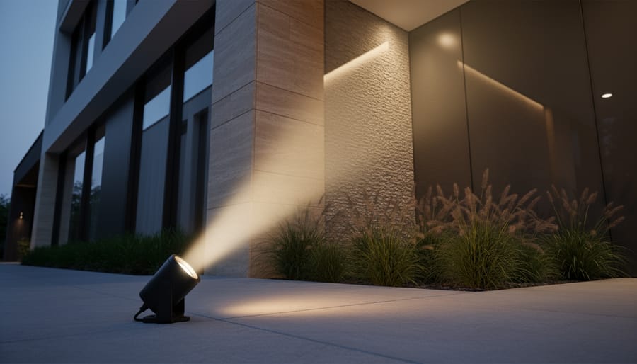 A person checks the direction of an outdoor solar uplight, verifying the light lands on a textured stone wall.