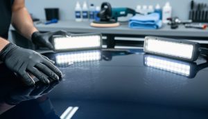 Close-up of glossy car paint being inspected at shallow angles using bright portable LED work lights in a garage detailing setup.