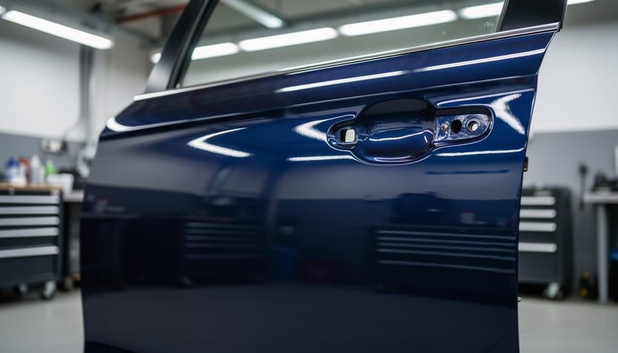 Car hood showing visible swirl marks and scratches under uneven overhead workshop lighting.