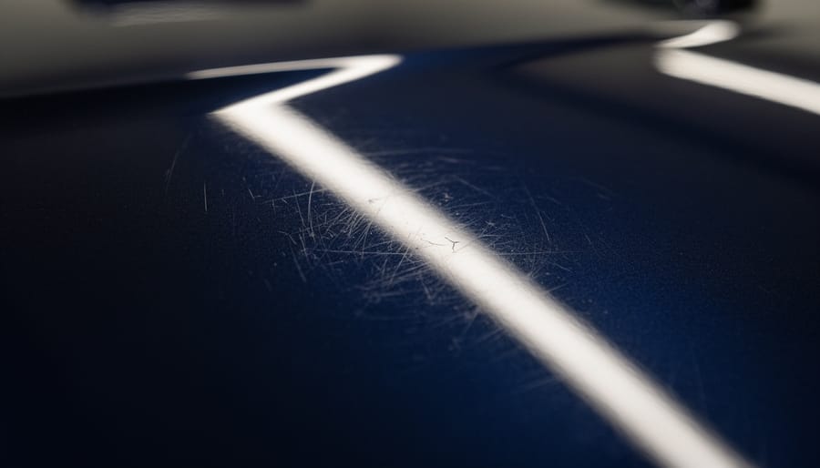 Macro close-up of dark car paint showing fine scratches becoming visible under angled cross-lighting.