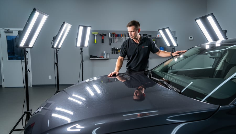 Detailer adjusting LED inspection lights aimed at a vehicle paint surface to improve defect visibility.