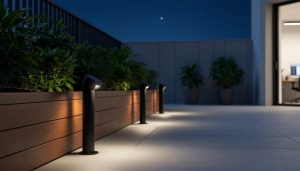 Outdoor patio at night with solar uplighting fixtures shining upward on plants and a wooden bench, creating warm ambient light without wires.