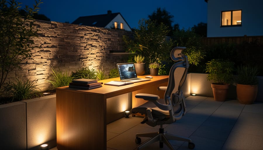 A homeowner working at a patio desk at night with outdoor solar uplights illuminating nearby columns and walkways.