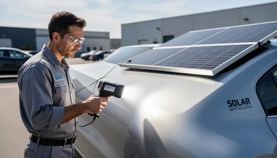 Solar-powered LED inspection lights set up for mobile detailing beside a vehicle near a workshop entrance.