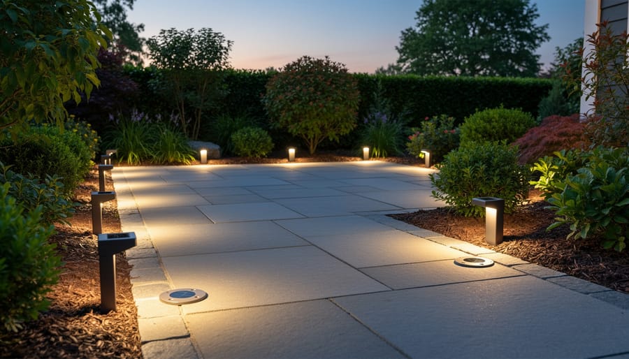 Outdoor solar uplights mounted on a concrete patio and near a garden bed during blue hour.